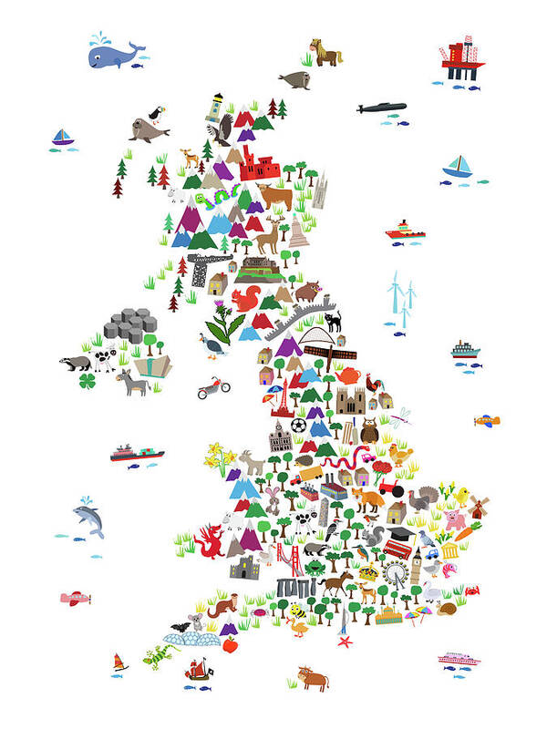 Great Britain Map Poster featuring the digital art Animal Map of Great Britain for children and kids by Michael Tompsett