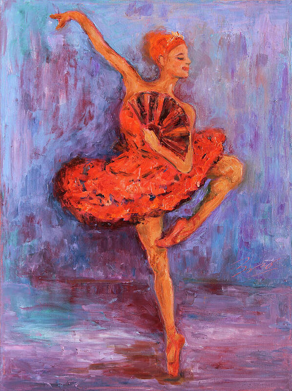 Figurative Poster featuring the painting Ballerina Dancing with a Fan by Xueling Zou
