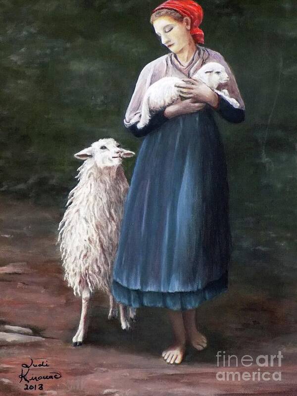 Shepherdess Poster featuring the painting Barefoot Shepherdess by Judy Kirouac