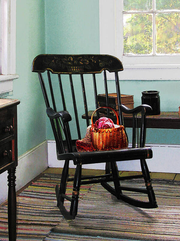 Rocking Chair Poster featuring the photograph Basket of Yarn on Rocking Chair by Susan Savad