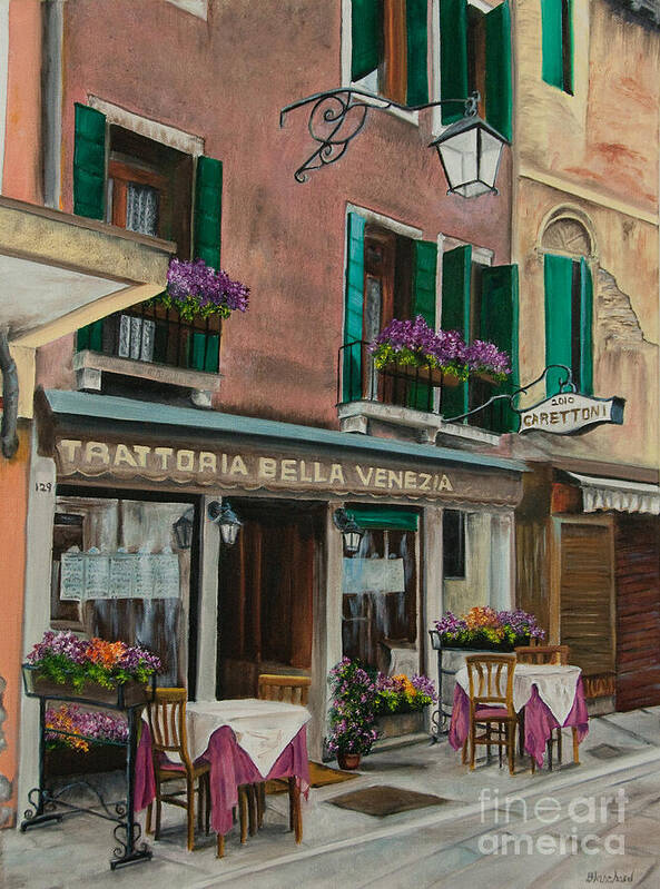 Venice Italy Art Poster featuring the painting Beautiful Restaurant In Venice by Charlotte Blanchard