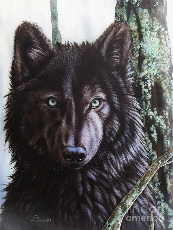 Wolves Poster featuring the painting Black Wolf by Sandi Baker