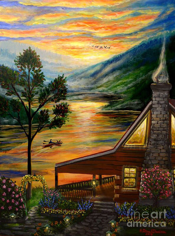 Blue Ridge Mountains Poster featuring the painting Blue Ridge Mountain Lakeside Cabin by Pat Davidson