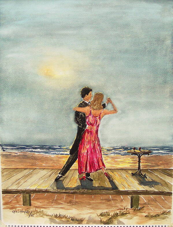 Boardwalk Dancers Ocean Evening Dance Wine Table Sunset Poster featuring the painting Boardwalk Dancers by Miroslaw Chelchowski