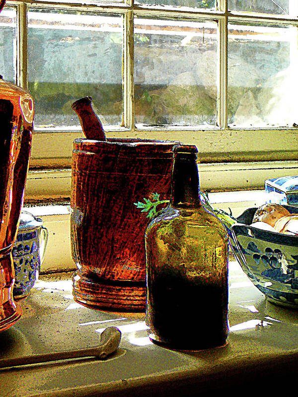 Mortar Poster featuring the photograph Bottle with Mortar and Pestle by Susan Savad