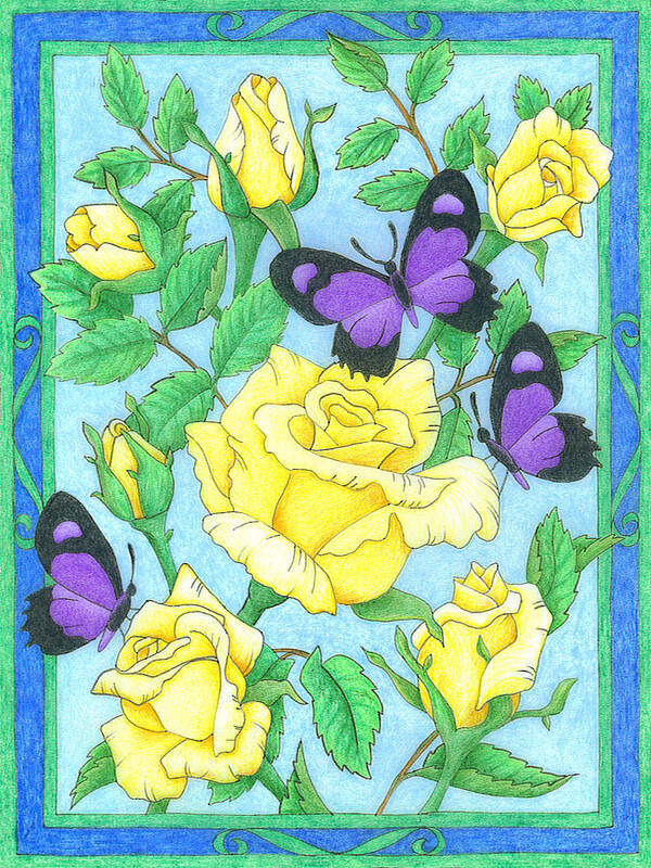 Flower Poster featuring the drawing Butterfly Idyll-Roses by Alison Stein
