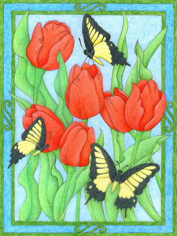 Flower Poster featuring the drawing Butterfly Idyll-Tulips by Alison Stein