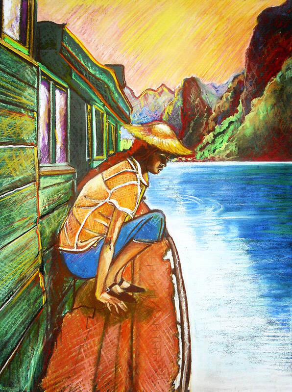 Pastels Poster featuring the drawing By the River by Yxia Olivares