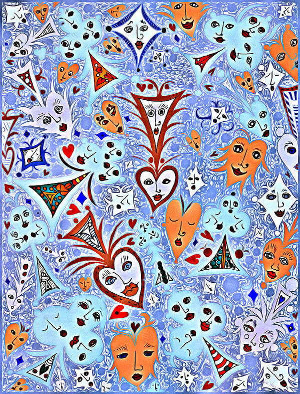 Lise Winne Poster featuring the digital art Card Game Symbols with Faces in Blue by Lise Winne