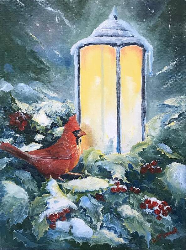 Cardinal Poster featuring the painting Snowy Lantern's Glow by ML McCormick