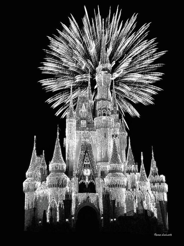 Black And White Poster featuring the photograph Castle With Fireworks in Black and White Walt Disney World MP by Thomas Woolworth