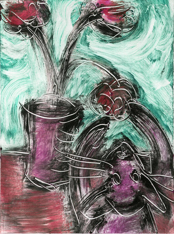 sheryl Karas Poster featuring the painting Cat and Flowerpot II by Sheryl Karas