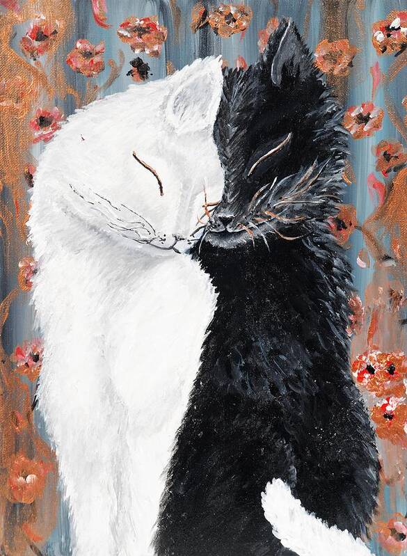Happiness Romance Harmony Love Cute Cat Person Animal Decor Art Painting Acrylic Canvas Poppies Black And White Gray Poster featuring the painting Cat Romance by Medea Ioseliani