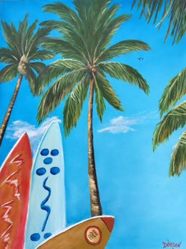 Surf Boards Poster featuring the painting Clear Sky Let's Surf by Lloyd Dobson