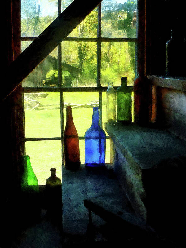 Bottles Poster featuring the photograph Colored Bottles On Steps by Susan Savad
