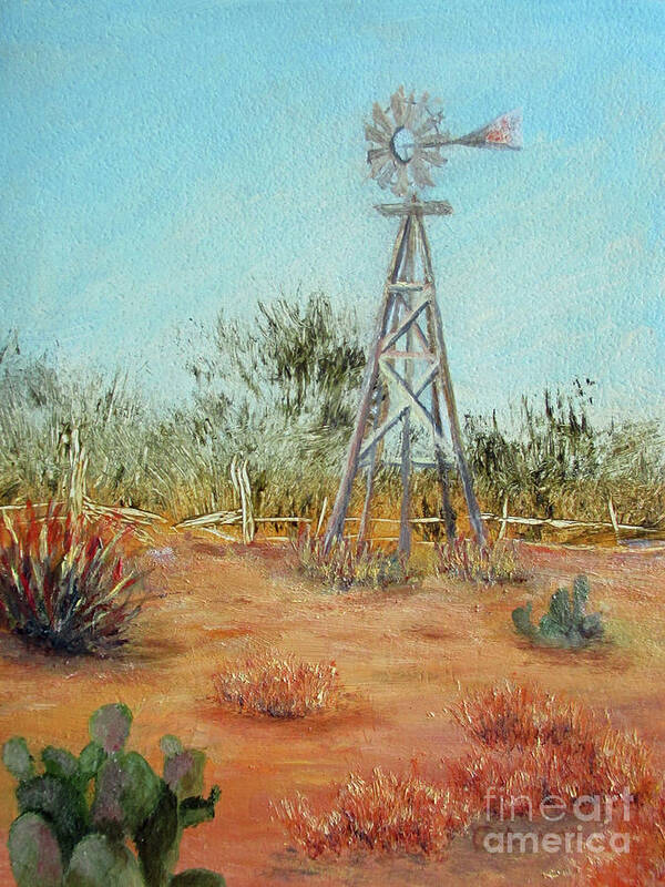 Landscape Poster featuring the painting Desert Windmill by Roseann Gilmore