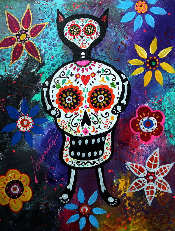 Day Of The Dead Poster featuring the painting Dia De Los Muertos Cat by Pristine Cartera Turkus