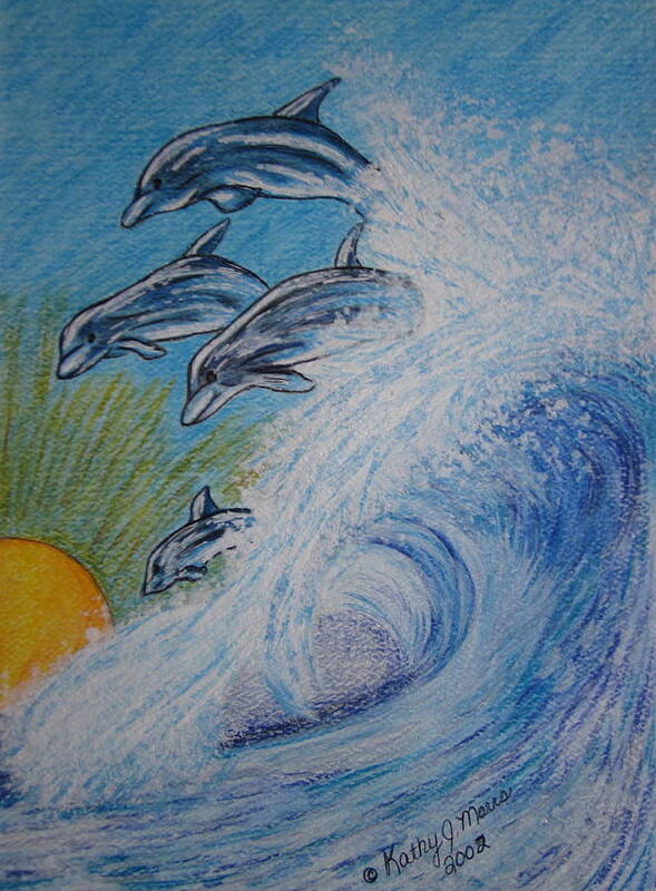 Dolphins Poster featuring the painting Dolphins Jumping in the Waves by Kathy Marrs Chandler