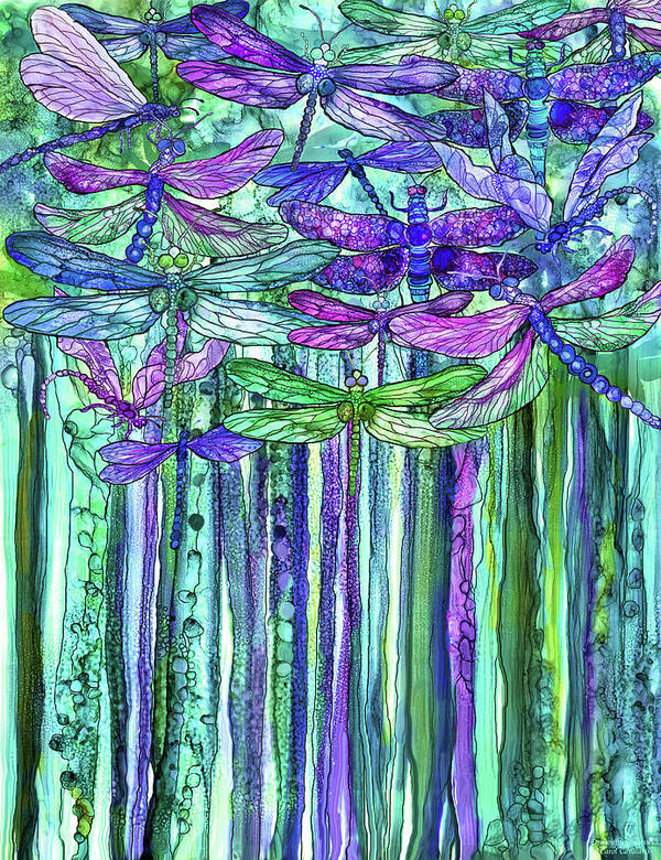 Carol Cavvalaris Poster featuring the mixed media Dragonfly Bloomies 1 - Purple by Carol Cavalaris