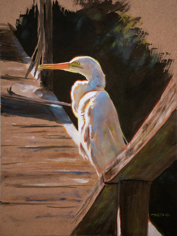 Acrylic Poster featuring the painting Egret On Dock by Christopher Reid