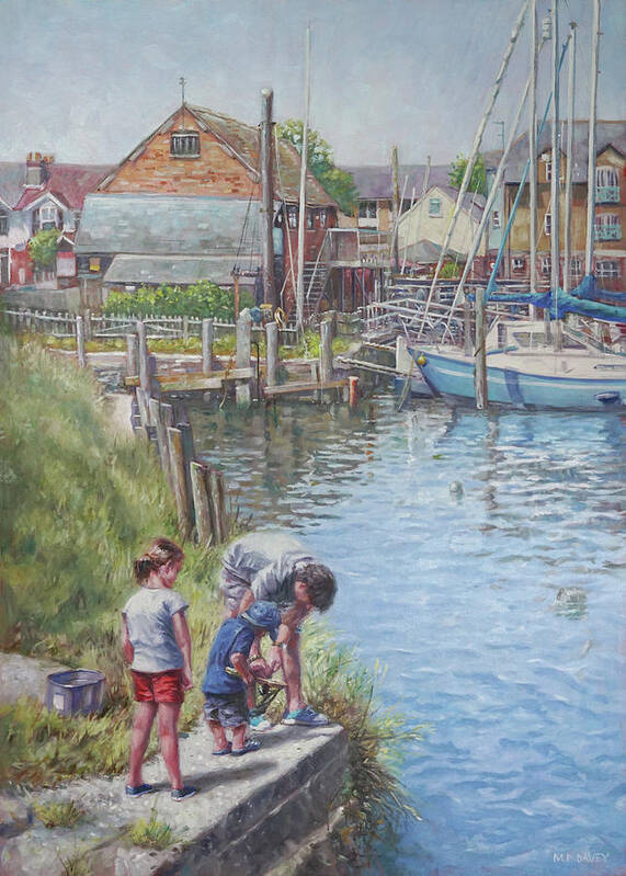 Family Poster featuring the painting Family Fishing at Eling Tide Mill Hampshire by Martin Davey