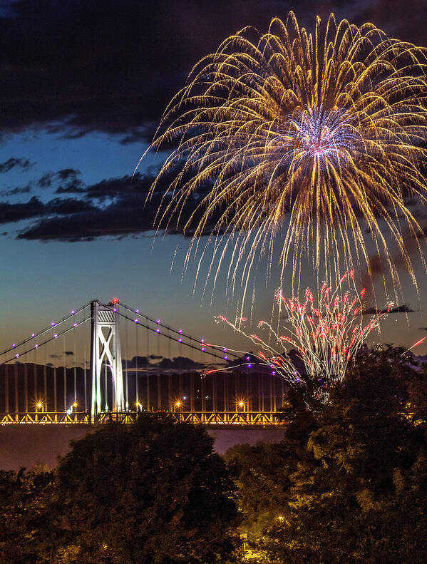 Hudson Valley Poster featuring the photograph Fireworks Over the Mid - Hudson Bridge by John Morzen