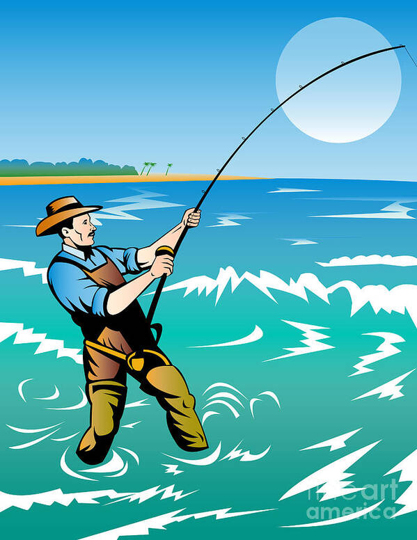 Fisherman Poster featuring the digital art Fisherman surf casting by Aloysius Patrimonio