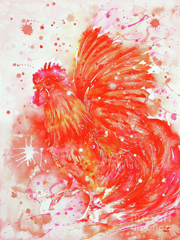 Red Rooster Poster featuring the painting Flaming Rooster by Zaira Dzhaubaeva