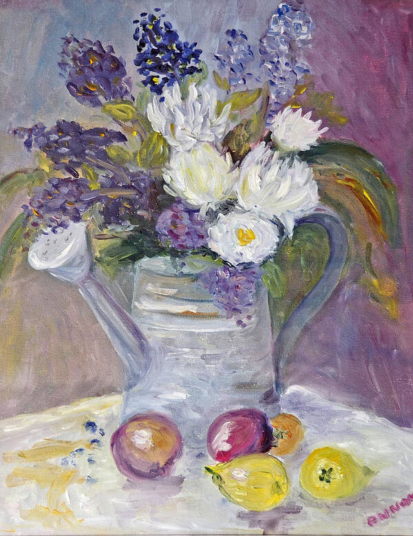 Flowers In Pewter Watering Can Poster featuring the painting Floral in Watering Can by Barbara Anna Knauf