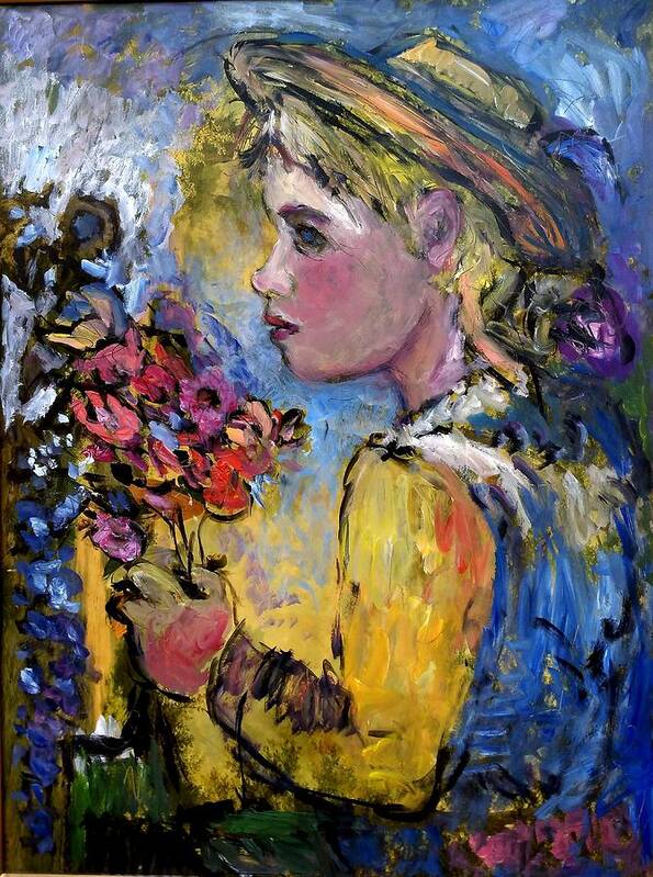 Girl With Flowers Poster featuring the painting flower girl Manet by Mykul Anjelo