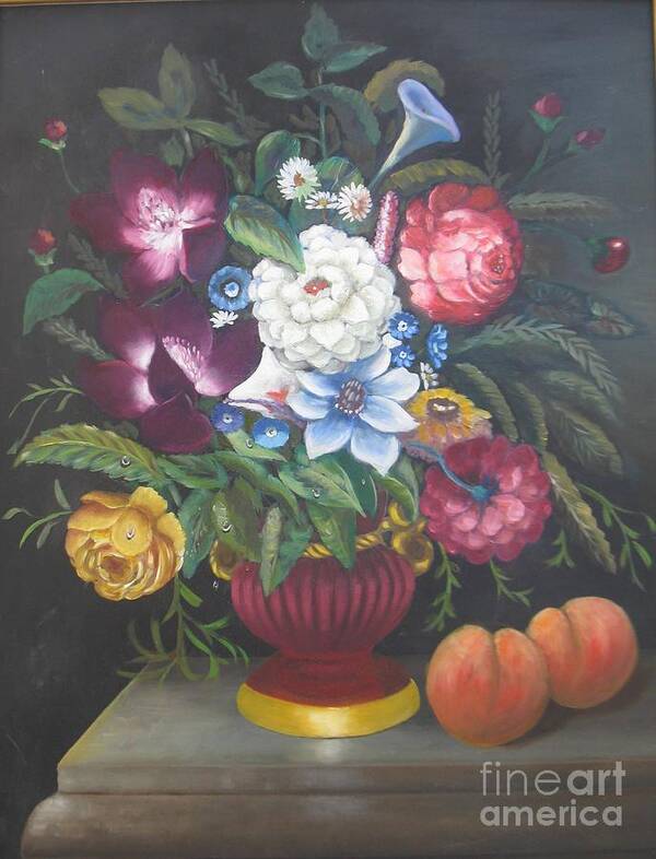 Flowers And Peaches Poster featuring the painting Flowers and two peaches by Samuel Daffa