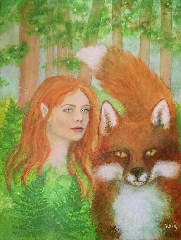 Red Fox Poster featuring the mixed media Foxy Faery by Bernadette Wulf