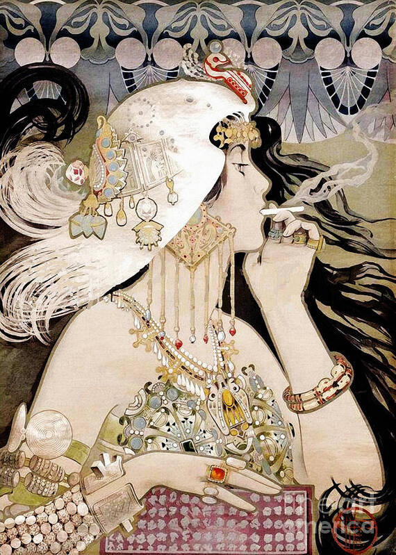 Art Nouveau Poster featuring the painting French Art Nouveau smoking woman Collage by Tina Lavoie