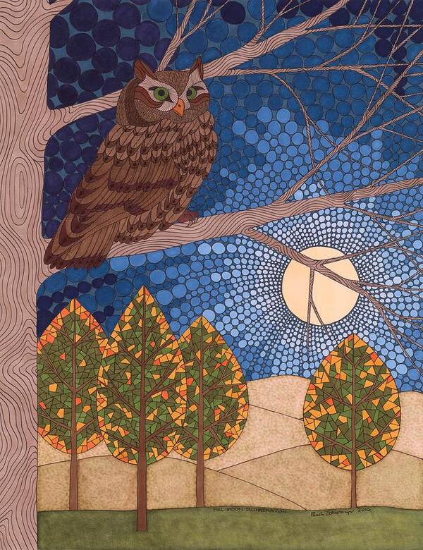 Owl Poster featuring the drawing Full Moon Illumination by Pamela Schiermeyer
