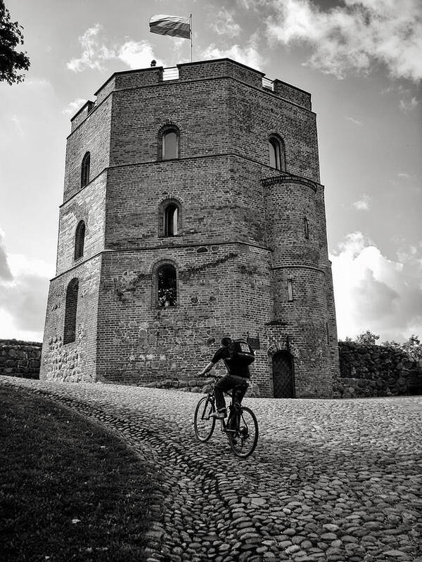 Gediminas Poster featuring the photograph Gediminas Tower and Bicycler Lithuania by Mary Lee Dereske