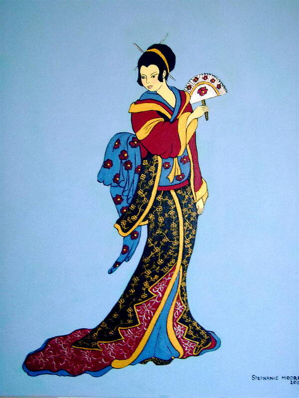 Geisha Poster featuring the painting Geisha with fan by Stephanie Moore