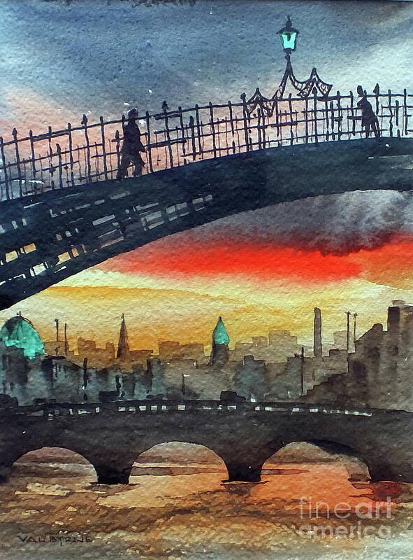 Silhouette Poster featuring the painting Hapenny Bridge Sunset, Dublin...27apr18 by Val Byrne