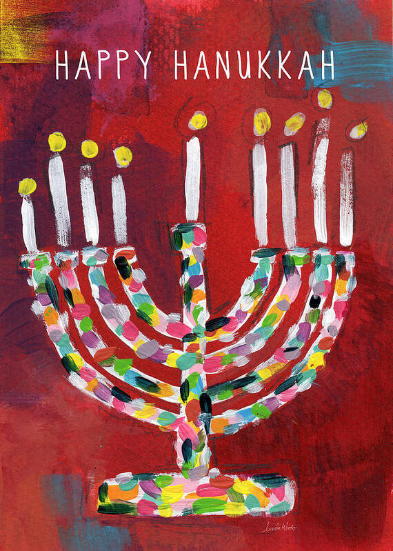 Hanukkah Poster featuring the painting Happy Hanukkah Colorful Menorah Card- Art by Linda Woods by Linda Woods