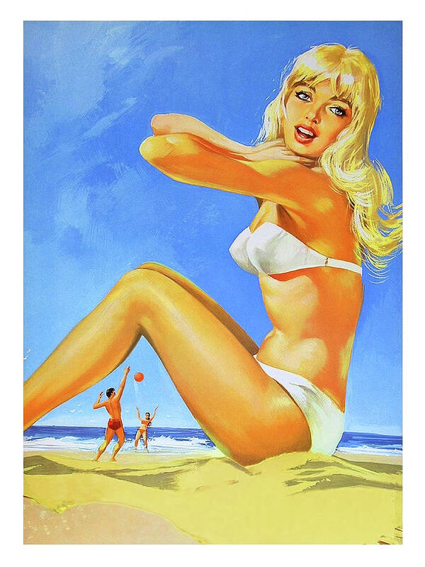 Happy Poster featuring the painting Happy young woman in white bikini on the beach by Long Shot