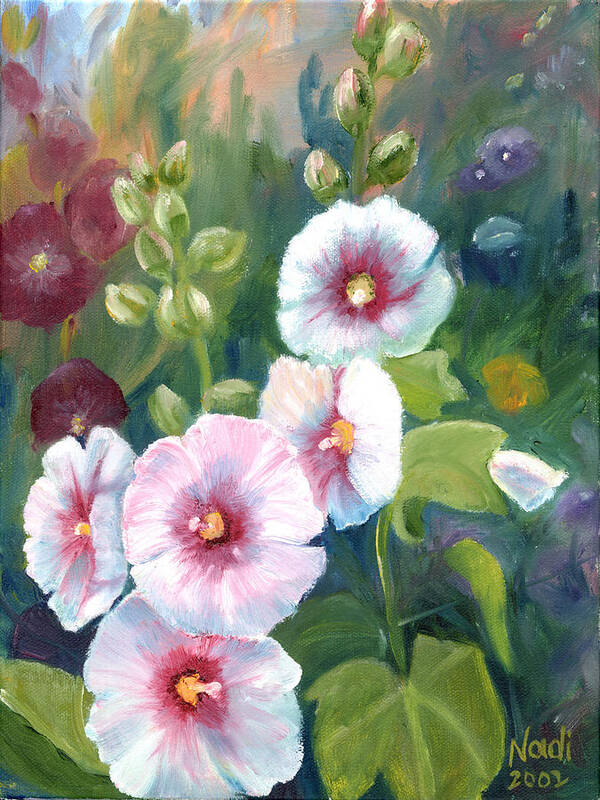Hollyhocks Poster featuring the painting Hollyhocks by Renate Wesley