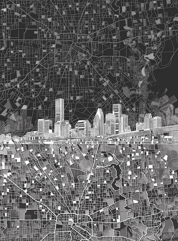 Houston Poster featuring the painting Houston Skyline Map Black And White by Bekim M