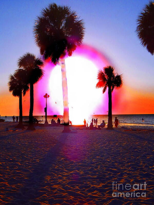 Fun.electric Combination Of A Huge White Hot Sun And Pink And Orange Corona With A Bright Blue Sky As The Sun Hits The Sea And Shares Its Last Rays Lighting The Beach. Creating Orange Highlights And Blue Purple Shadows In The Foreground .palm Trees And People In Silhouette.the Sea Is Blue And Orange .  Poster featuring the photograph Huge Sun Pine Island Sunset by Priscilla Batzell Expressionist Art Studio Gallery