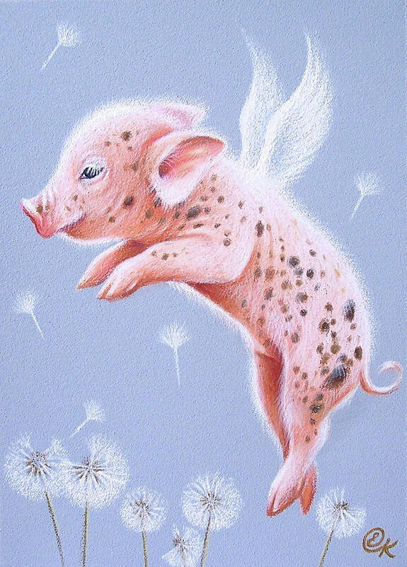 Pig Poster featuring the drawing I can fly too by Elena Kolotusha