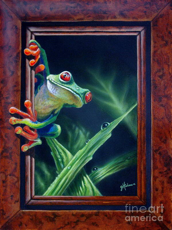 Green Tree Frog Poster featuring the painting 'I Was Framed' by Greg and Linda Halom