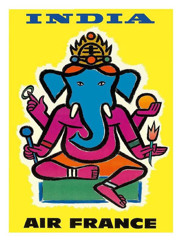 India Poster featuring the digital art India Air France Hindu Lord Ganesha Vintage Airline Travel Poster by Jean Carlu by Retro Graphics