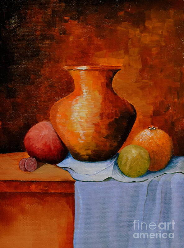  A Still Life Of An Old Orange Jug With An Orange Poster featuring the painting Jug and Fruit by Martin Schmidt