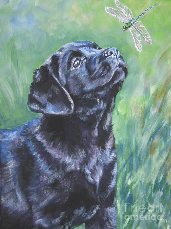 Dog Poster featuring the painting Labrador Retriever pup and dragonfly by Lee Ann Shepard