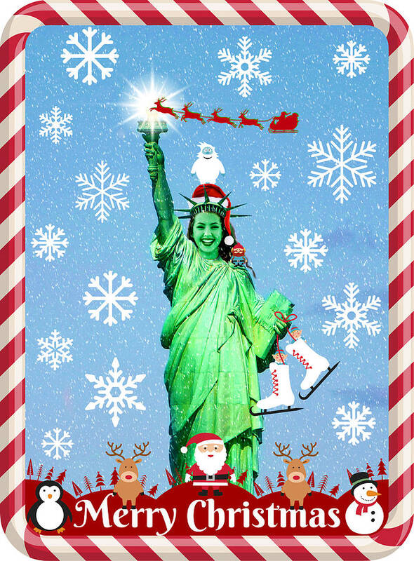 Christmas Card Poster featuring the mixed media Lady Liberty's Got The Christmas Spirit IV by Aurelio Zucco