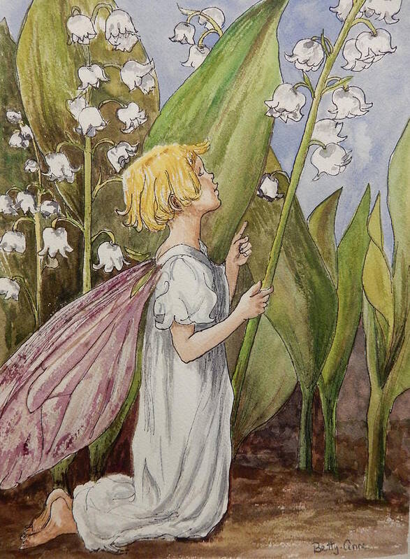 Lily Of The Valley Flowers Poster featuring the painting Lily of the Valley Fairy After Cicely Mary Barker by Betty-Anne McDonald