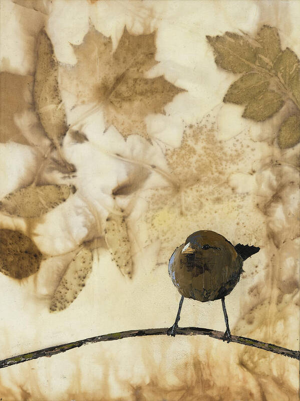 Little Bird Poster featuring the painting Little Bird On Silk With Leaves by Carolyn Doe